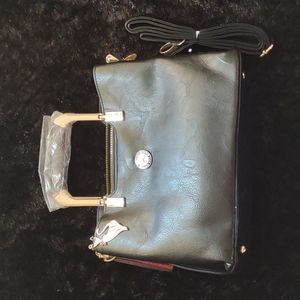 Authentic Mercedes Black Hand bag with straps with gold handles Leather